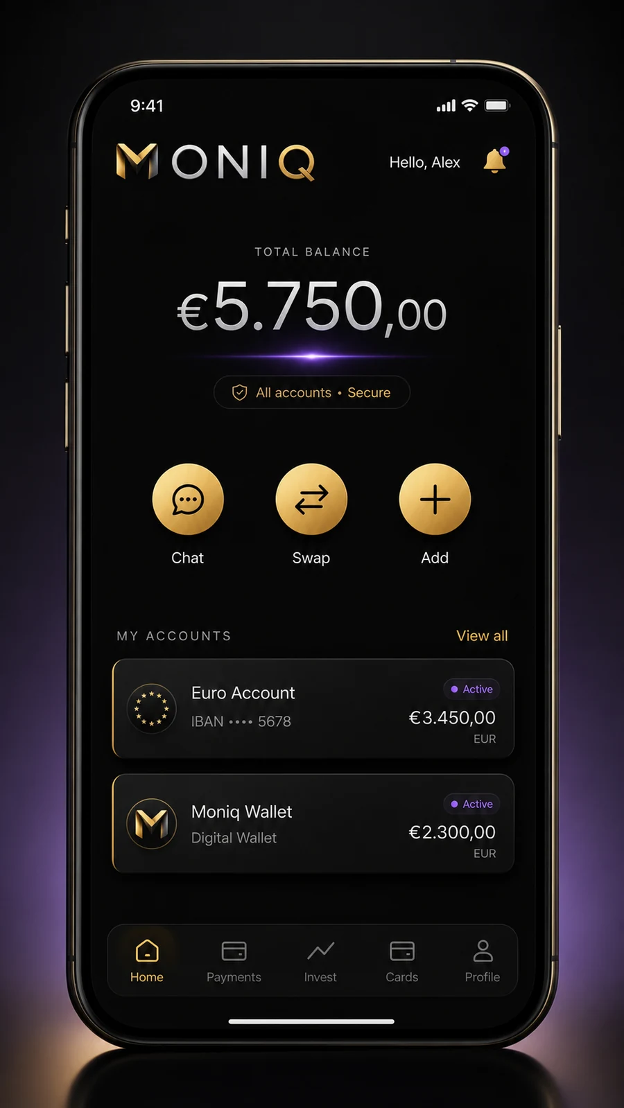 Mockup de dashboard principal de Moniq con saldo unificado